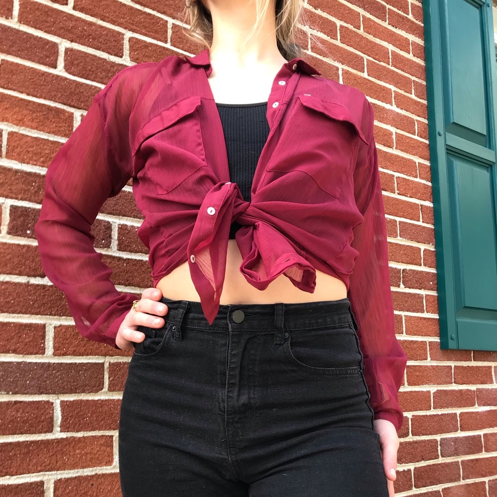 Red Sheer Button-Up - Picture 3 of 4